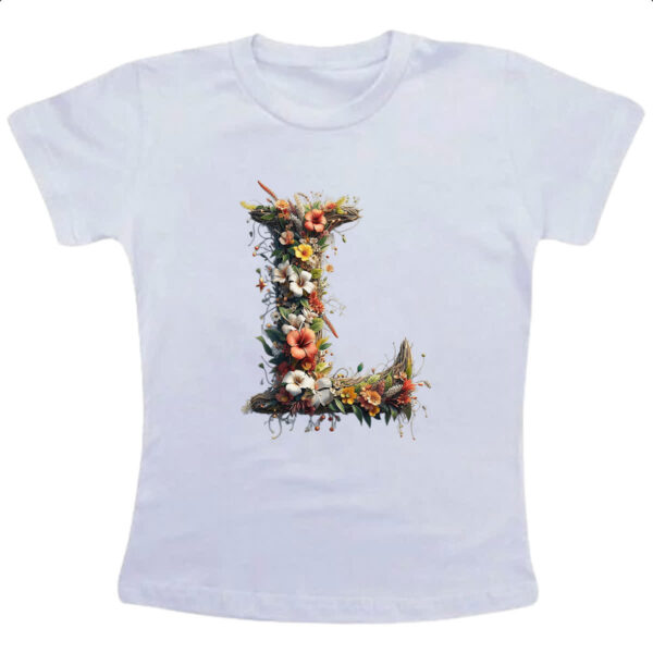 Camiseta Infanto Juvenil Alfabeto Floral Letra L