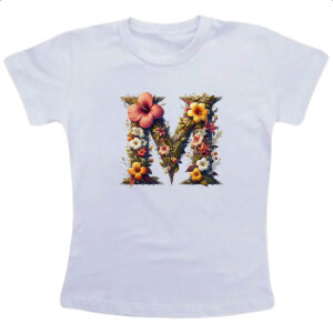 Camiseta Infanto Juvenil Alfabeto Floral Letra M
