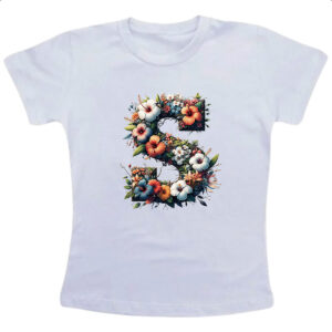Camiseta Infanto Juvenil Alfabeto Floral Letra S