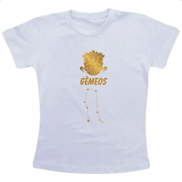 Camiseta Infanto Juvenil Signo Gemeos Constelacao Dourada