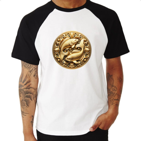 Camiseta Raglan Signo de Peixes moeda de ouro - Imagem 3