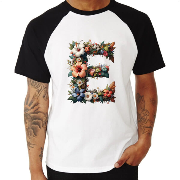 Camiseta Raglan Alfabeto Floral Letra E - Imagem 3