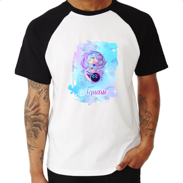 Camiseta Raglan Aquario fundo zodiacal - Imagem 3