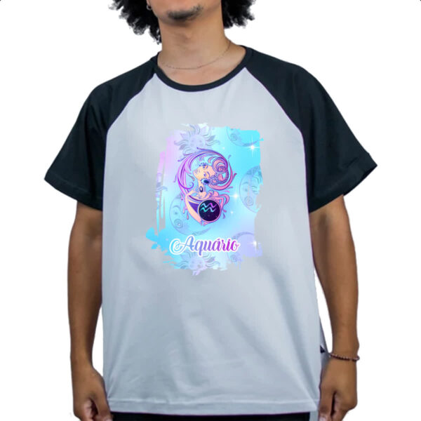 Camiseta Raglan Aquario fundo zodiacal - Imagem 4