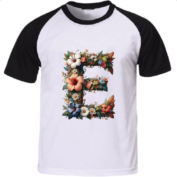 Camiseta Raglan Alfabeto Floral Letra E