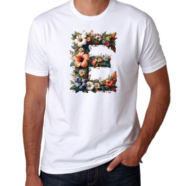 Camiseta Unissex Alfabeto Floral Letra E - Imagem 3
