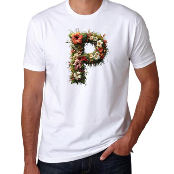 Camiseta Unissex Alfabeto Floral Letra P - Imagem 3