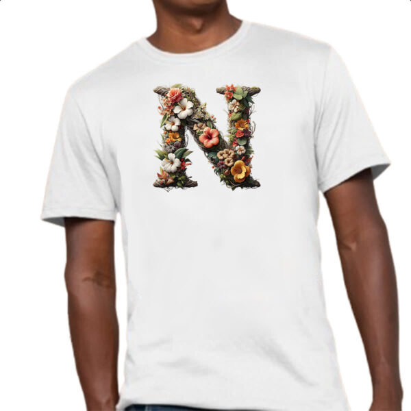 Camiseta Unissex Alfabeto Floral Letra N - Imagem 4