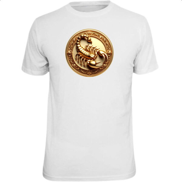 Camiseta Unissex Signo de Escorpiao moeda de ouro