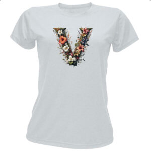 Camiseta Baby Look Alfabeto Floral Letra V