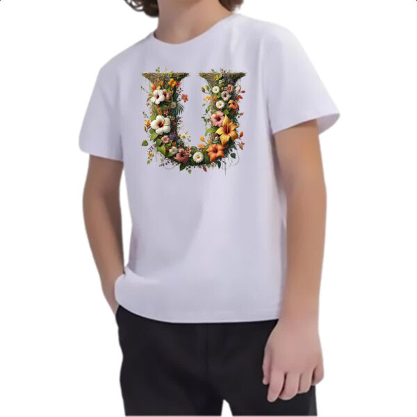 Camiseta Infanto Juvenil Alfabeto Floral Letra U - Imagem 2