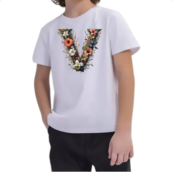 Camiseta Infanto Juvenil Alfabeto Floral Letra V - Imagem 2