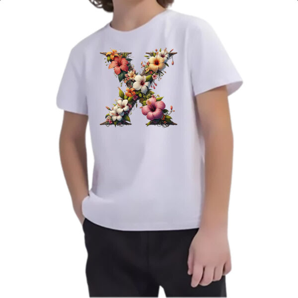 Camiseta Infanto Juvenil Alfabeto Floral Letra X - Imagem 2