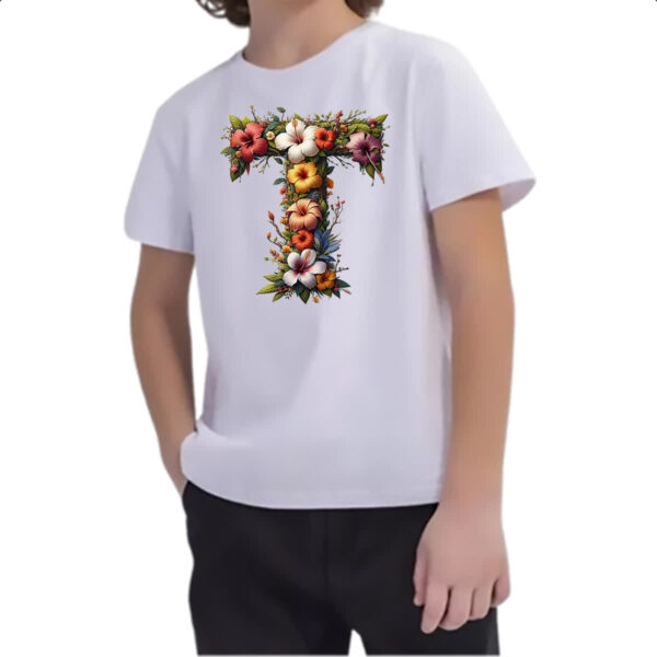 Camiseta Infanto Juvenil Alfabeto Floral Letra T - Imagem 2