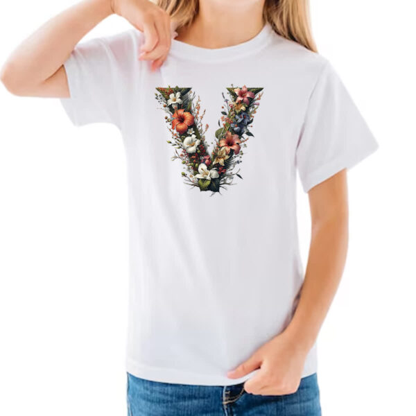 Camiseta Infanto Juvenil Alfabeto Floral Letra V - Imagem 3