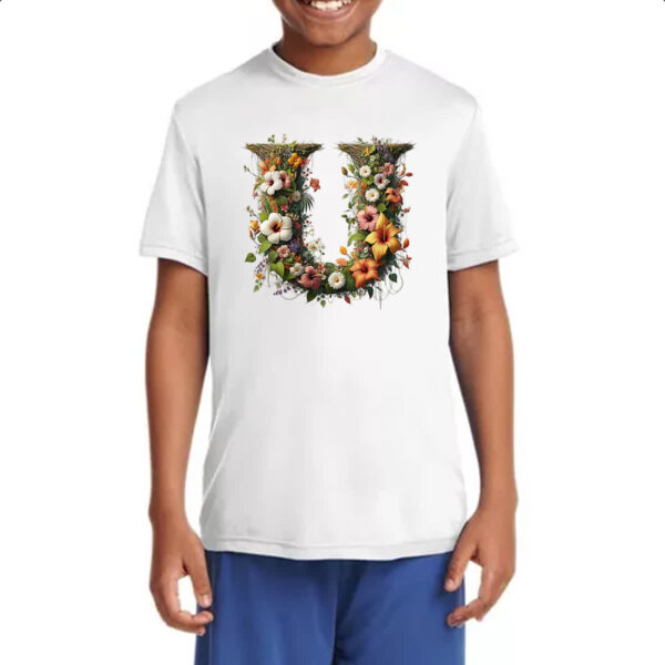 Camiseta Infanto Juvenil Alfabeto Floral Letra U - Imagem 4