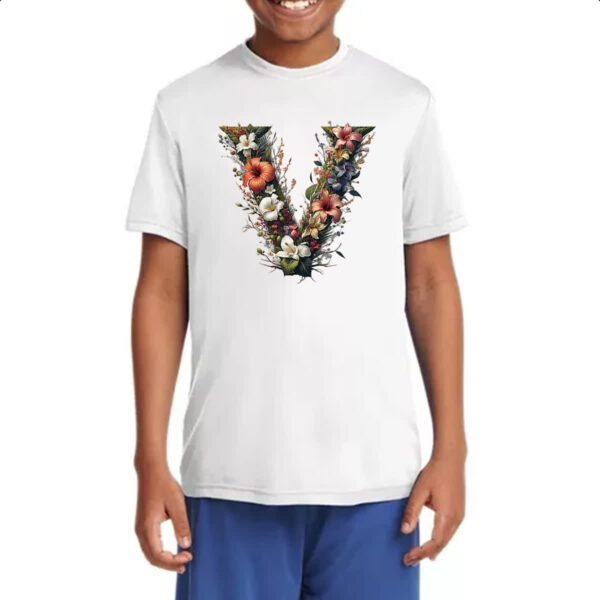 Camiseta Infanto Juvenil Alfabeto Floral Letra V - Imagem 4