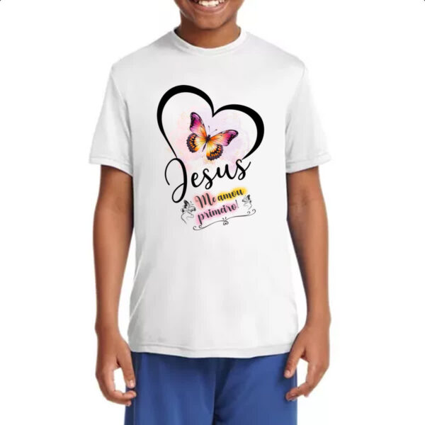 Camiseta Infanto Juvenil Gospel Jesus me amou primeiro - Imagem 4