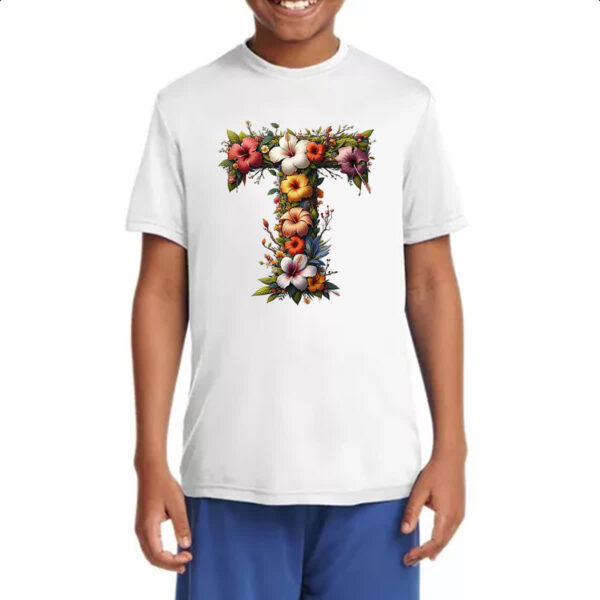 Camiseta Infanto Juvenil Alfabeto Floral Letra T - Imagem 4