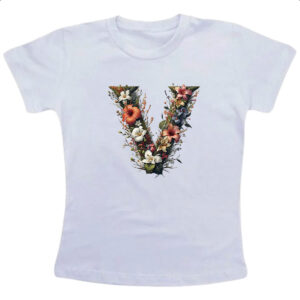 Camiseta Infanto Juvenil Alfabeto Floral Letra V