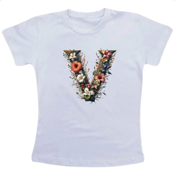 Camiseta Infanto Juvenil Alfabeto Floral Letra V