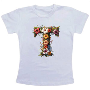 Camiseta Infanto Juvenil Alfabeto Floral Letra T