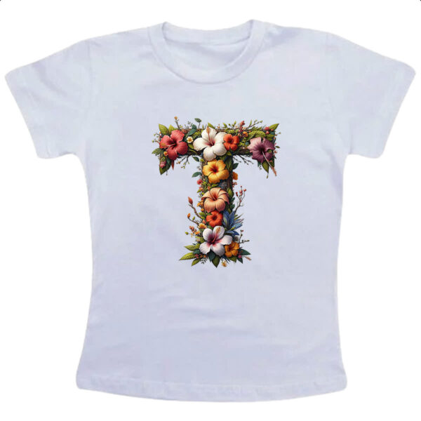 Camiseta Infanto Juvenil Alfabeto Floral Letra T