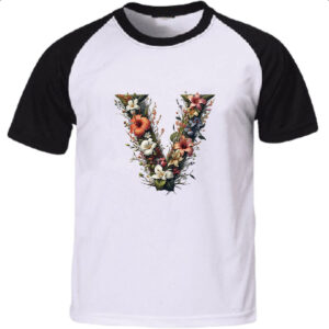Camiseta Raglan Alfabeto Floral Letra V