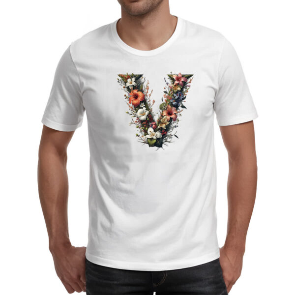 Camiseta Unissex Alfabeto Floral Letra V - Imagem 2