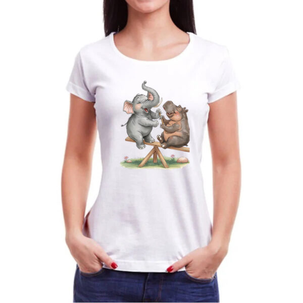 Camiseta Baby Look Elefante e Hipopotamo na gangorra - Imagem 3