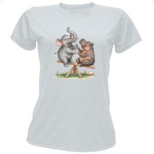Camiseta Baby Look Elefante e Hipopotamo na gangorra