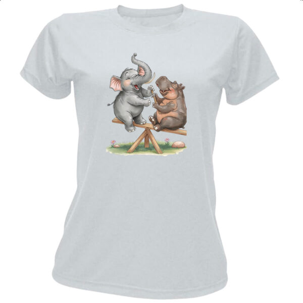 Camiseta Baby Look Elefante e Hipopotamo na gangorra