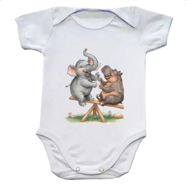 Body infantil Elefante e Hipopotamo na gangorra
