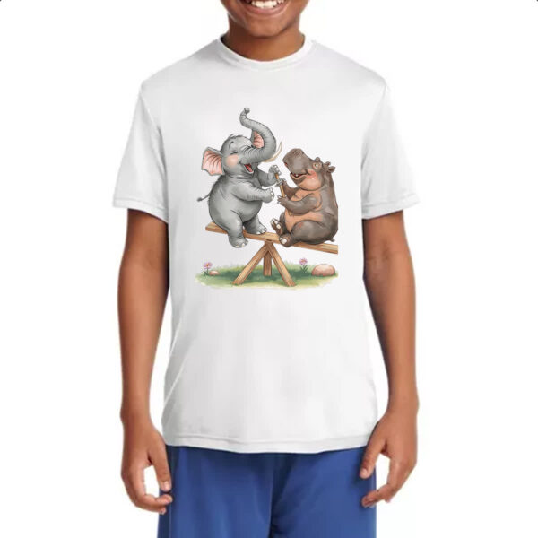 Camiseta Infanto Juvenil Elefante e Hipopotamo na gangorra - Imagem 4
