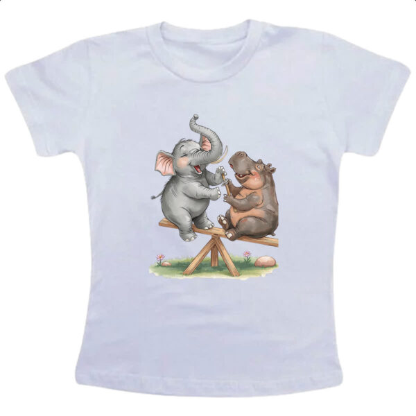 Camiseta Infanto Juvenil Elefante e Hipopotamo na gangorra