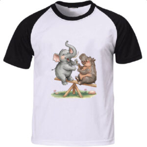 Camiseta Raglan Elefante e Hipopotamo na gangorra