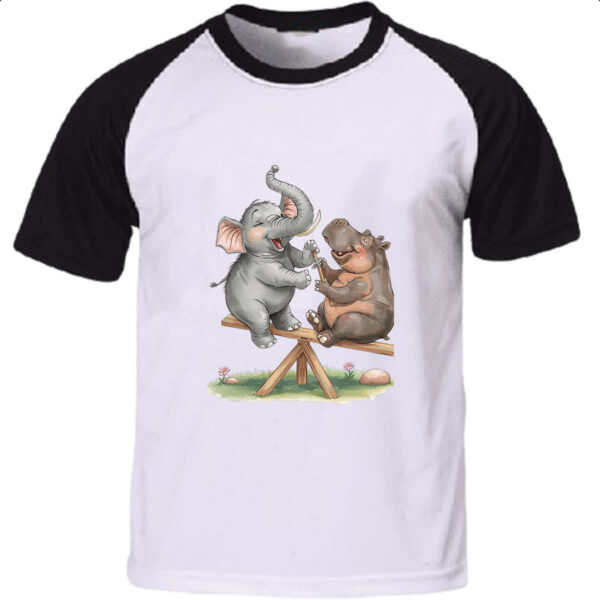 Camiseta Raglan Elefante e Hipopotamo na gangorra