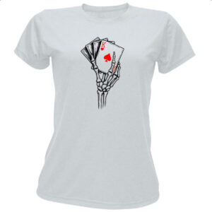 Camiseta Baby Look Mao esqueleto e cartas de jogo