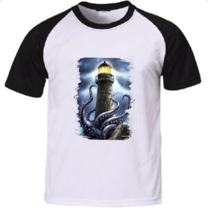 Camiseta Raglan Kraken atacando o farol